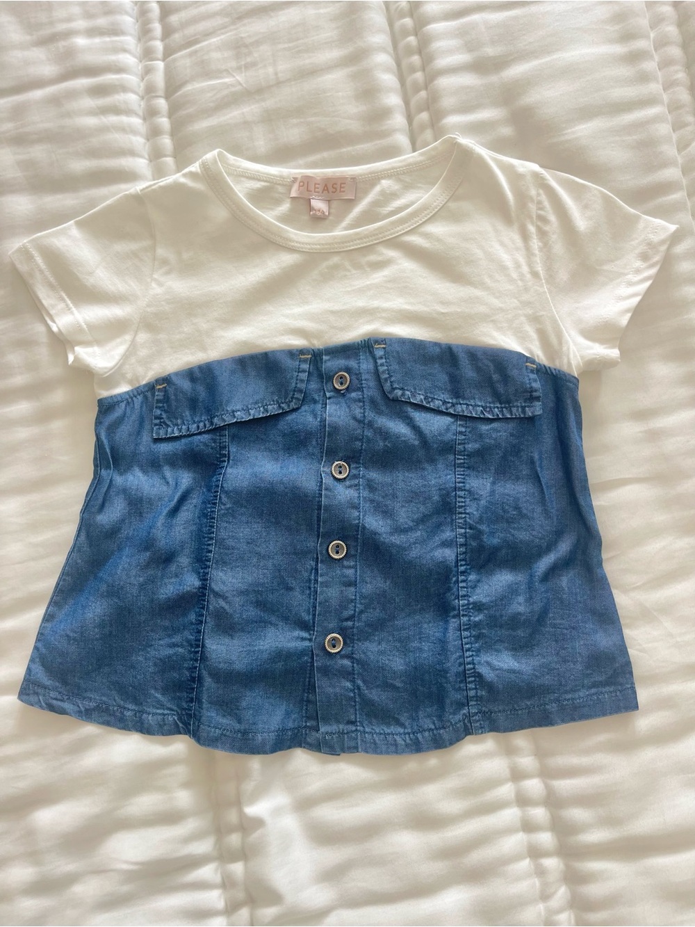 Pleaser White Top with Blue Denim-Look Button Front Panel